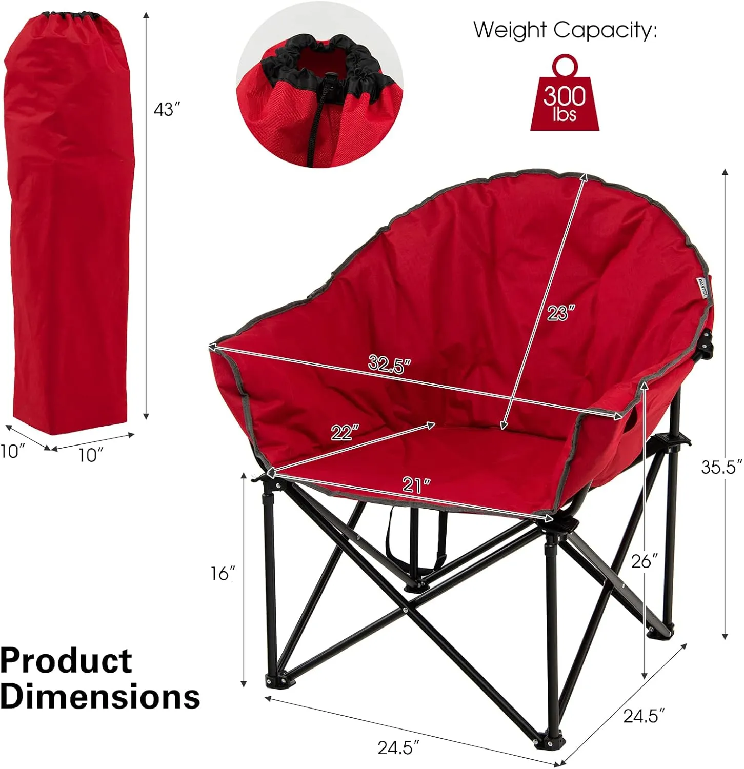 S AFSTAR Oversized Camping Chair, Cushion Padded Moon Round Saucer Chair w/Cup Holder & Carry Bag, Outdoor Leisure Folding Chair, Portable Folding Camp Chair for Camping Fishing, Supports 300lbs (Red)