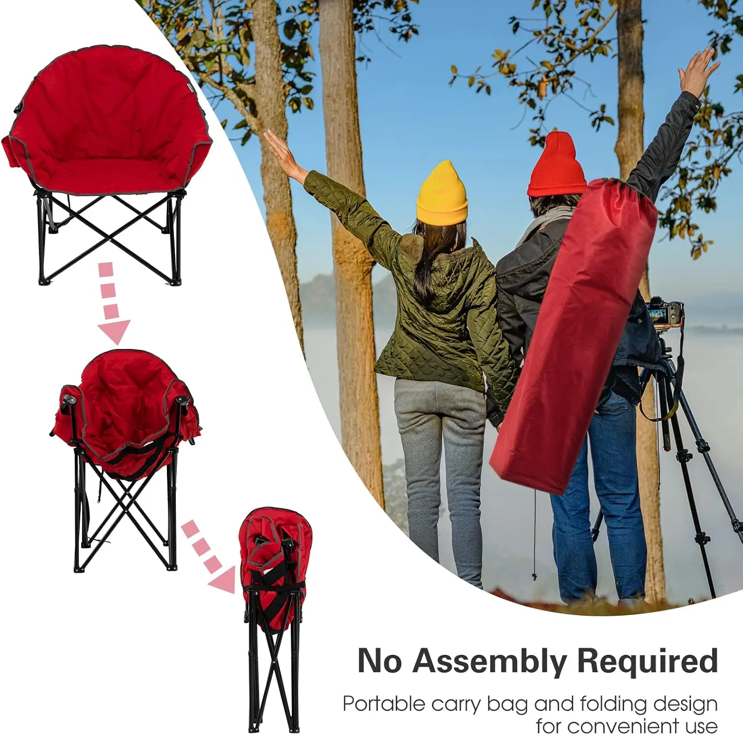S AFSTAR Oversized Camping Chair, Cushion Padded Moon Round Saucer Chair w/Cup Holder & Carry Bag, Outdoor Leisure Folding Chair, Portable Folding Camp Chair for Camping Fishing, Supports 300lbs (Red)