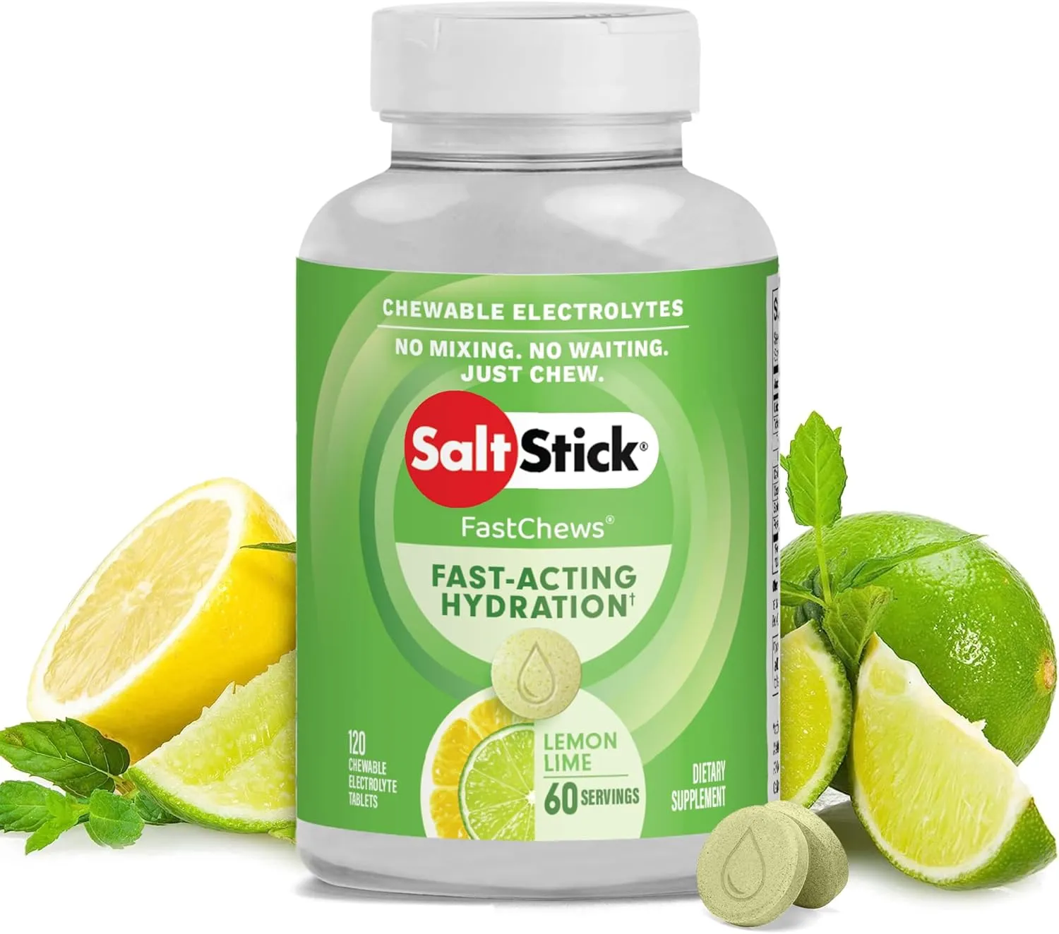 SaltStick Chewable Electrolytes - 120 Lemon Lime Electrolyte Tablets - Just Chew It! Electrolyte Chews for Hydration, Salt Tablets for Runners - 120 Count