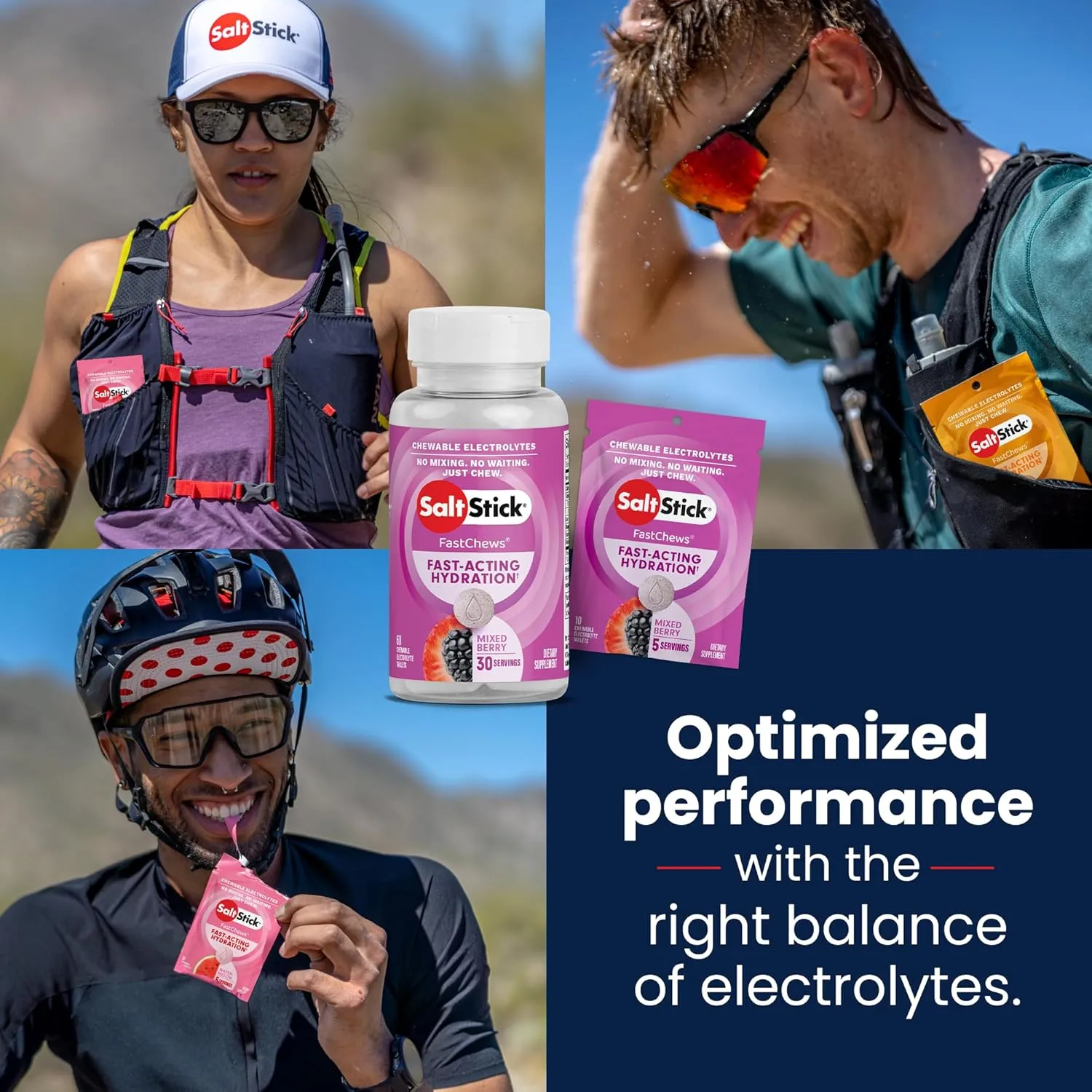 SaltStick Electrolyte FastChews - 60 Count Mixed Berry Flavor - Chewable Electrolyte Tablets for Hydration, Salt Tabs, Dehydration Relief