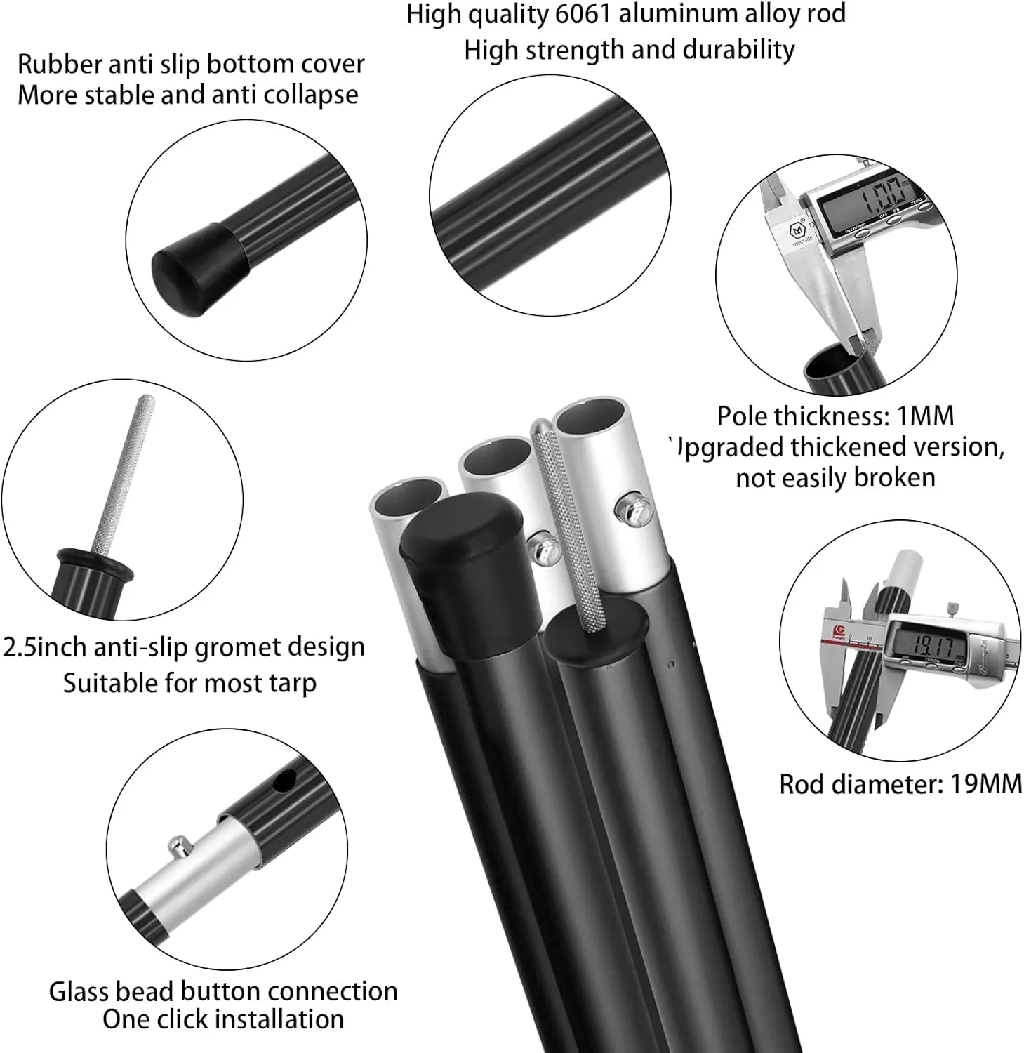 SAN LIKE Aluminum Tent Poles for Tarp - 75in Collapsible Poles for Awnings, Canopy, Rain Fly, Shelter - 2 Sets (5 Sections)