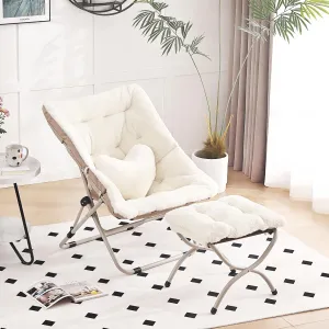 Saucer Chair with Ottoman, Comfy Oversized Folding Chair, Faux-Fur Reading Chair for Adults, Foldable Accent Lazy Chair, Metal Frame Lounge Chair for Living Room, Bedroom, Beige