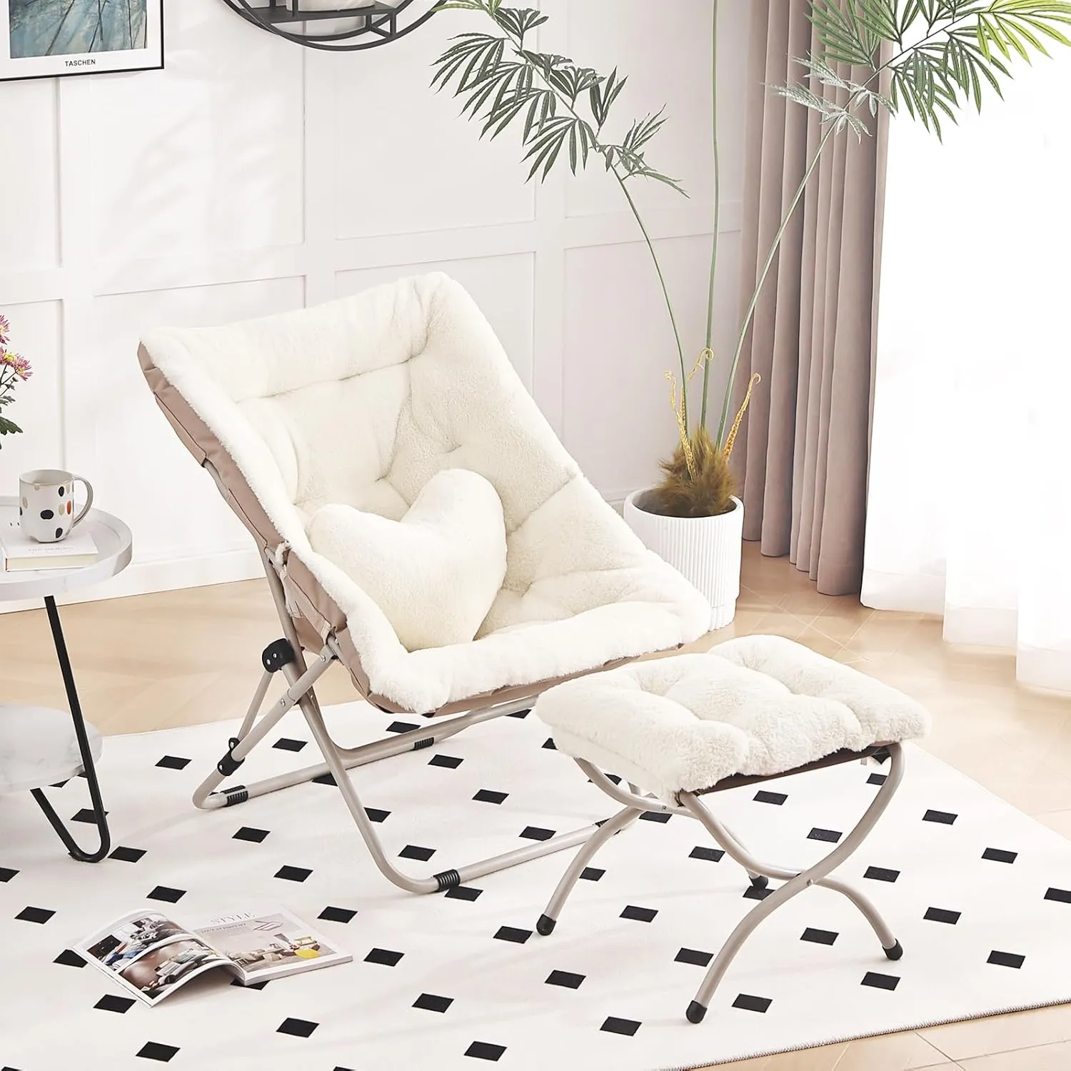 Saucer Chair with Ottoman, Comfy Oversized Folding Chair, Faux-Fur Reading Chair for Adults, Foldable Accent Lazy Chair, Metal Frame Lounge Chair for Living Room, Bedroom, Beige