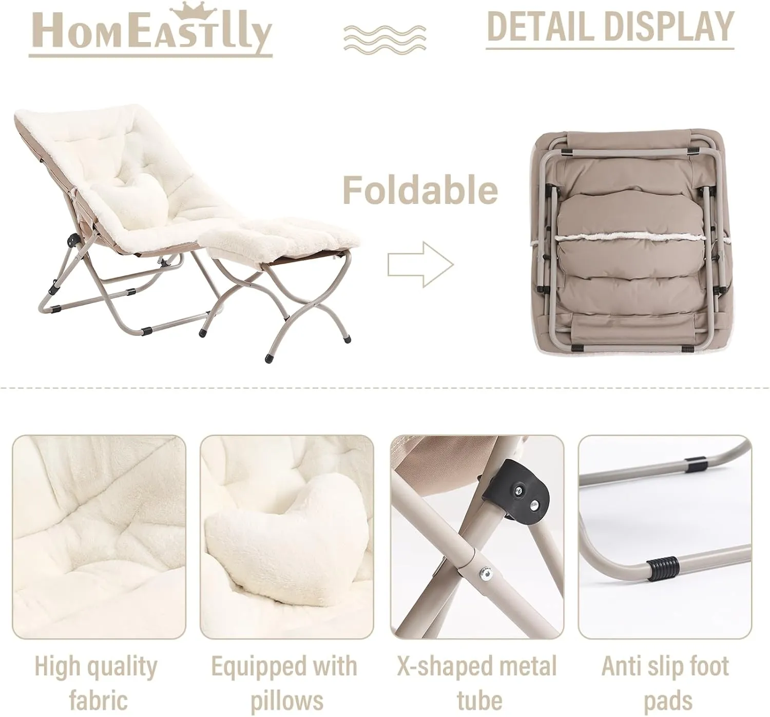 Saucer Chair with Ottoman, Comfy Oversized Folding Chair, Faux-Fur Reading Chair for Adults, Foldable Accent Lazy Chair, Metal Frame Lounge Chair for Living Room, Bedroom, Beige