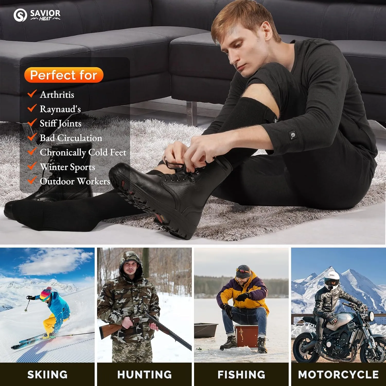 SAVIOR HEAT Heated Socks for Men Women Rechargeable Battery Electric Socks Winter Foot Warmer Outdoor Skiing Hunting Fishing