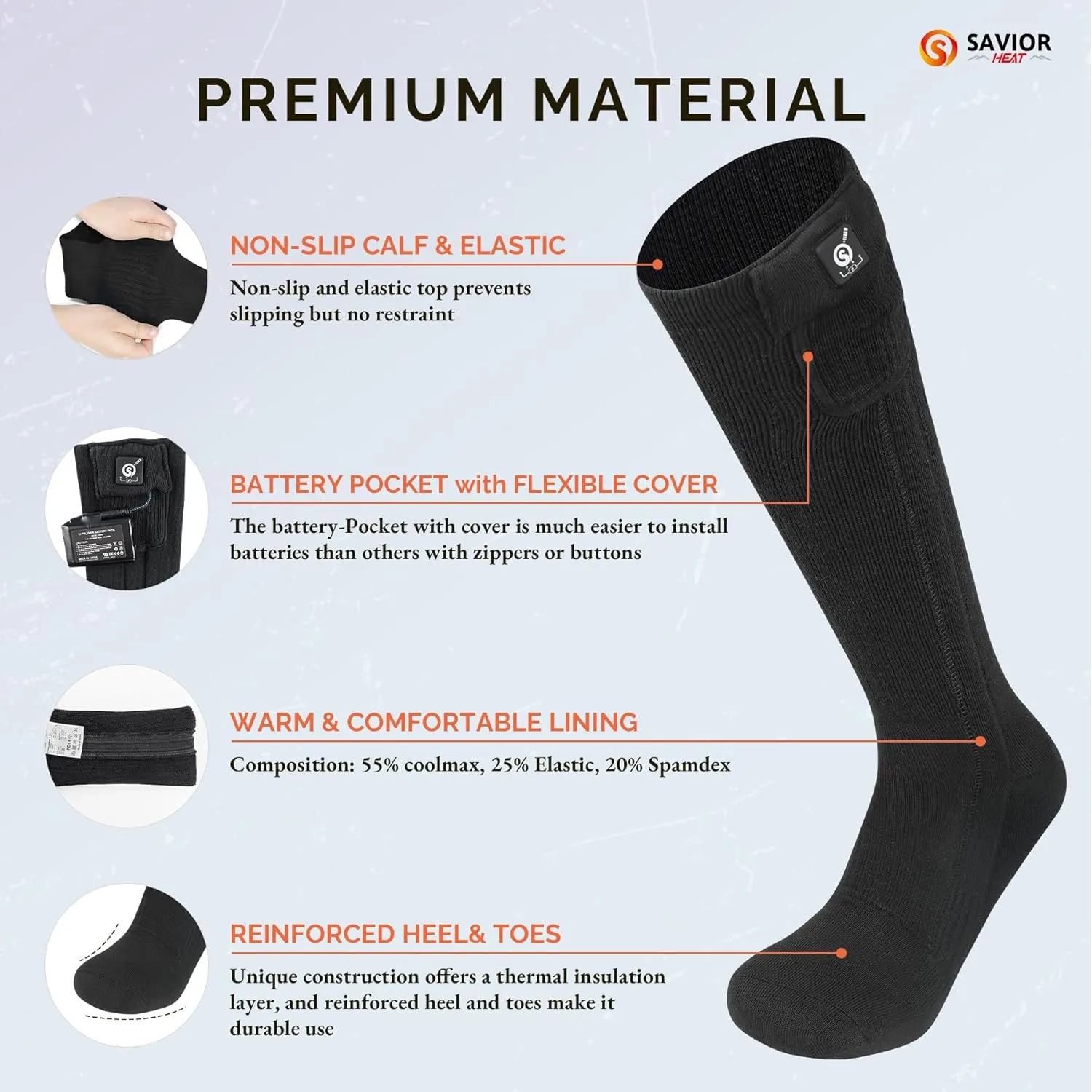 SAVIOR HEAT Heated Socks for Men Women Rechargeable Battery Electric Socks Winter Foot Warmer Outdoor Skiing Hunting Fishing