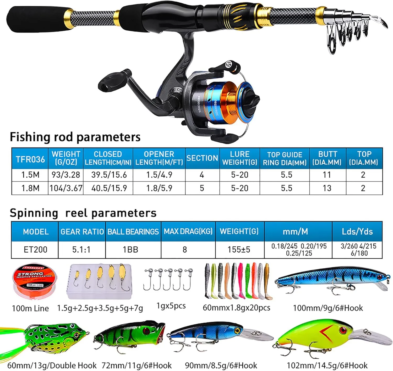 Sea Rod Set, Portable Carbon Fiber Fishing Rod 5.2:1 Gear Ratio Spinning Reel Line Lures Hooks Bag Combo, Sea Saltwater Freshwater Fishing Tackle Set