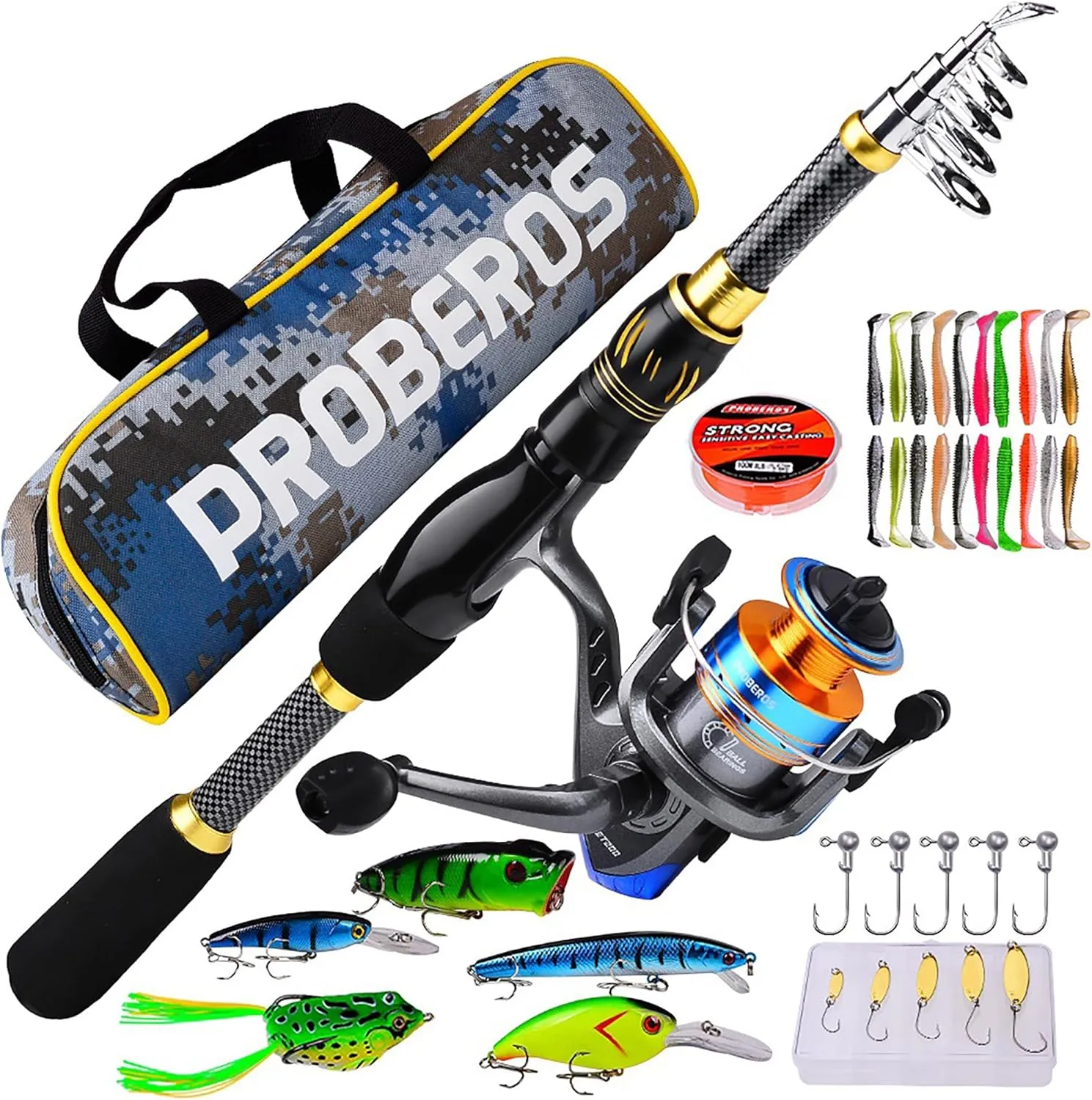 Sea Rod Set, Portable Carbon Fiber Fishing Rod 5.2:1 Gear Ratio Spinning Reel Line Lures Hooks Bag Combo, Sea Saltwater Freshwater Fishing Tackle Set