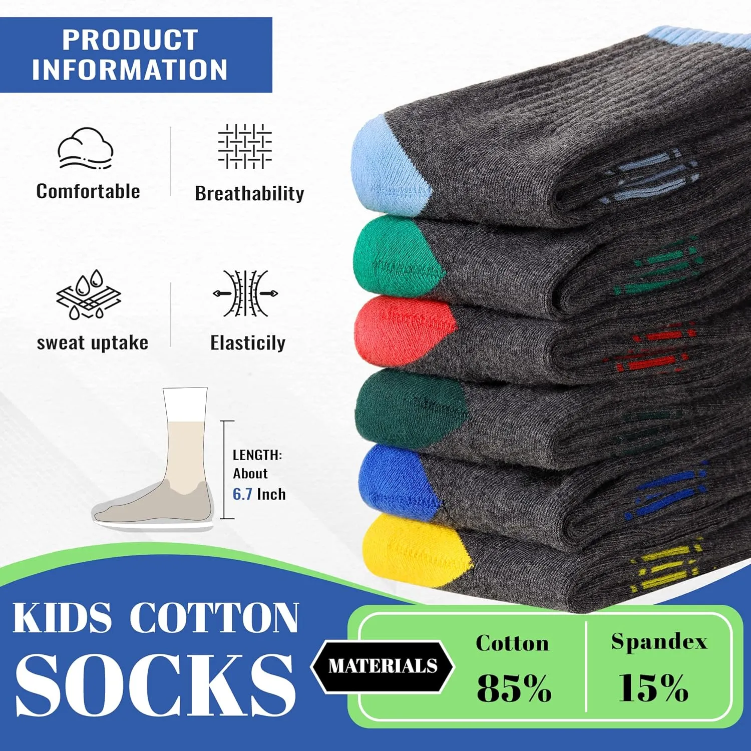 SeeyAN Kids Socks Boys Crew Athletic Half Cushioned Cotton Sport Running Arch Support Breathable Socks 6 Pairs