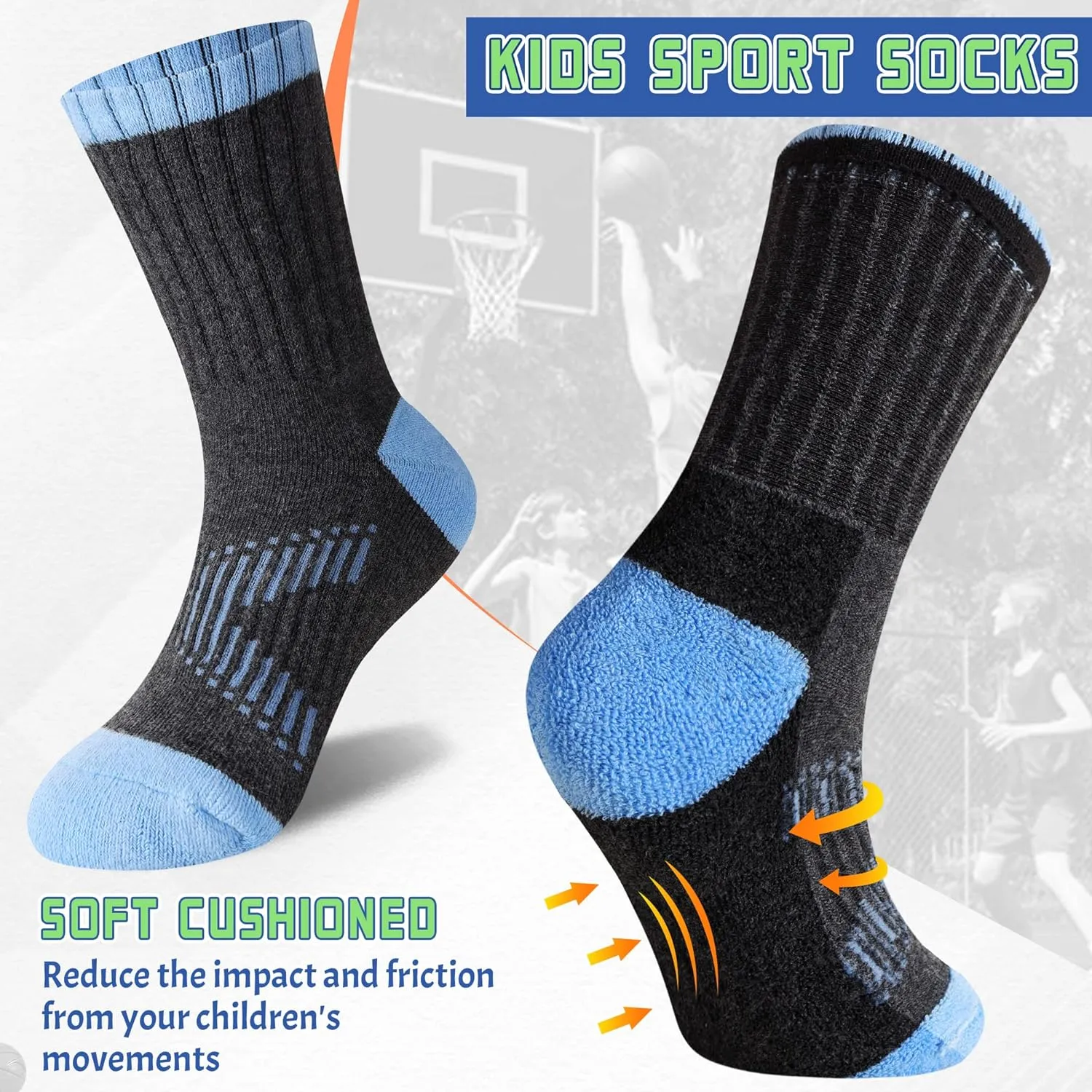 SeeyAN Kids Socks Boys Crew Athletic Half Cushioned Cotton Sport Running Arch Support Breathable Socks 6 Pairs