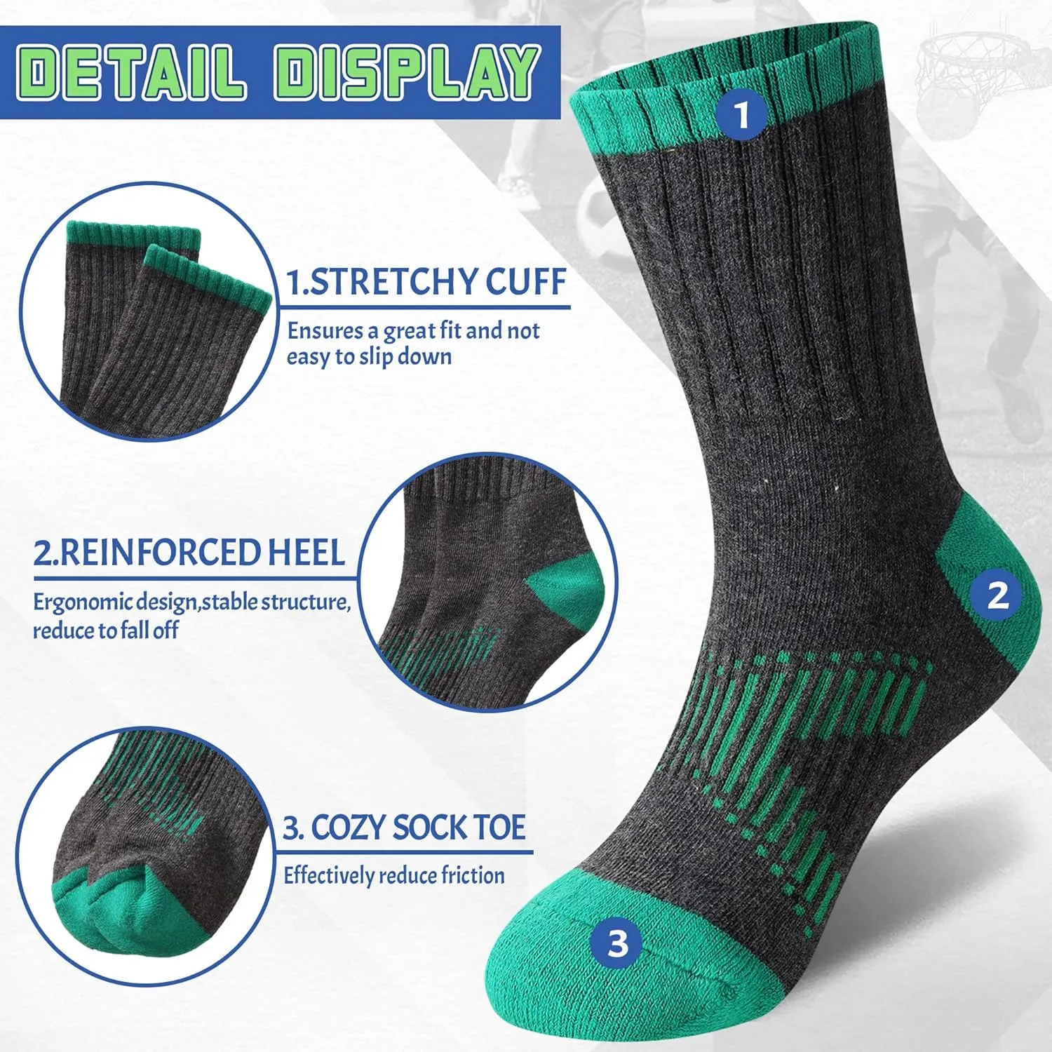 SeeyAN Kids Socks Boys Crew Athletic Half Cushioned Cotton Sport Running Arch Support Breathable Socks 6 Pairs
