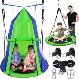 SereneLife 40”Hanging Tree Play Tent Hangout for Kids Indoor Outdoor Flying Saucer Floating Platform Swing Treepod Inside Outside House Canopy-Includes Hammock Pod Hang Kit and Swinging Swivel Spinner