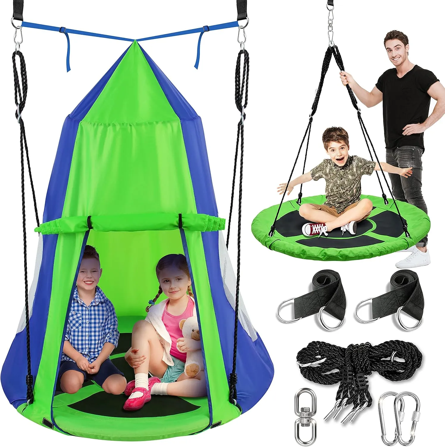 SereneLife 40”Hanging Tree Play Tent Hangout for Kids Indoor Outdoor Flying Saucer Floating Platform Swing Treepod Inside Outside House Canopy-Includes Hammock Pod Hang Kit and Swinging Swivel Spinner