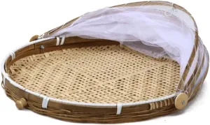 Serving Food Tent, Wooden Material Hand Woven Round Food Basket With Mesh Cover, Covered Food Home Kithcen Food Storage Basket (#1)