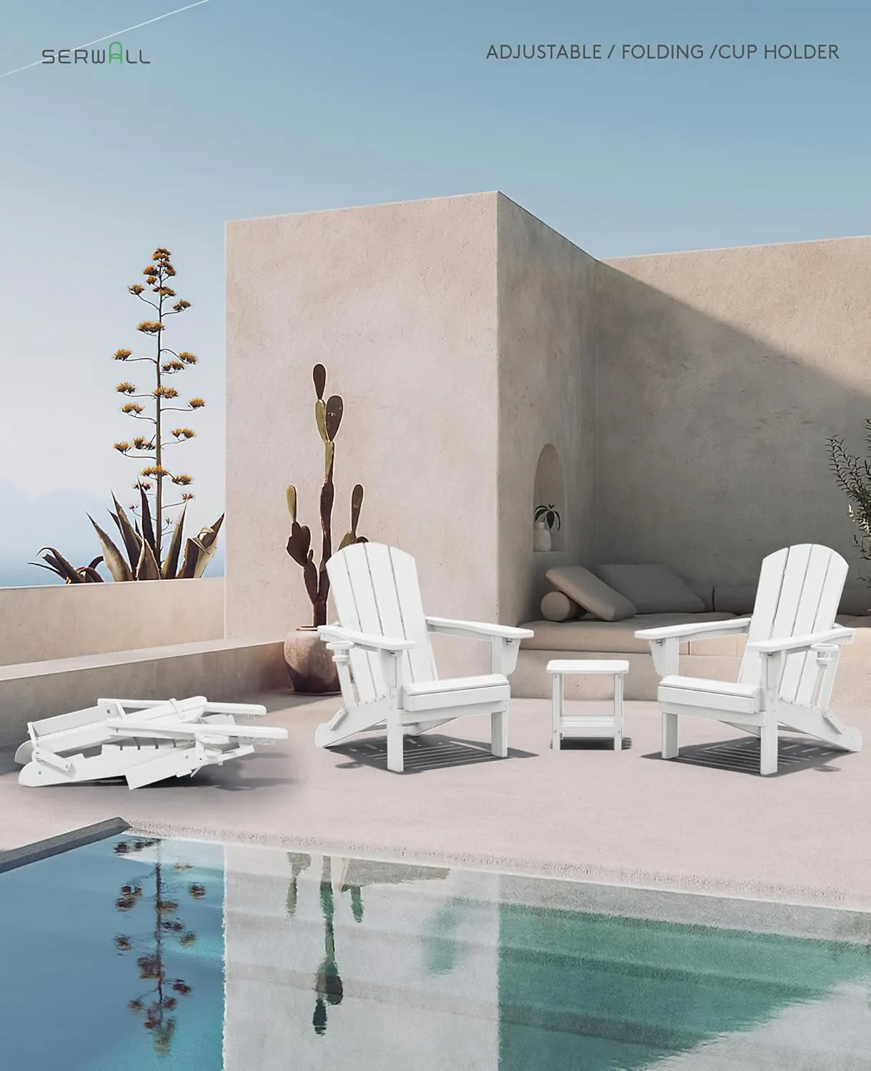 SERWALL Folding Adirondack Chair Set of 2, Reclining Adirondack Chair with 3 Recline Positions, All Weather HDPE Outdoor Adirondack, White