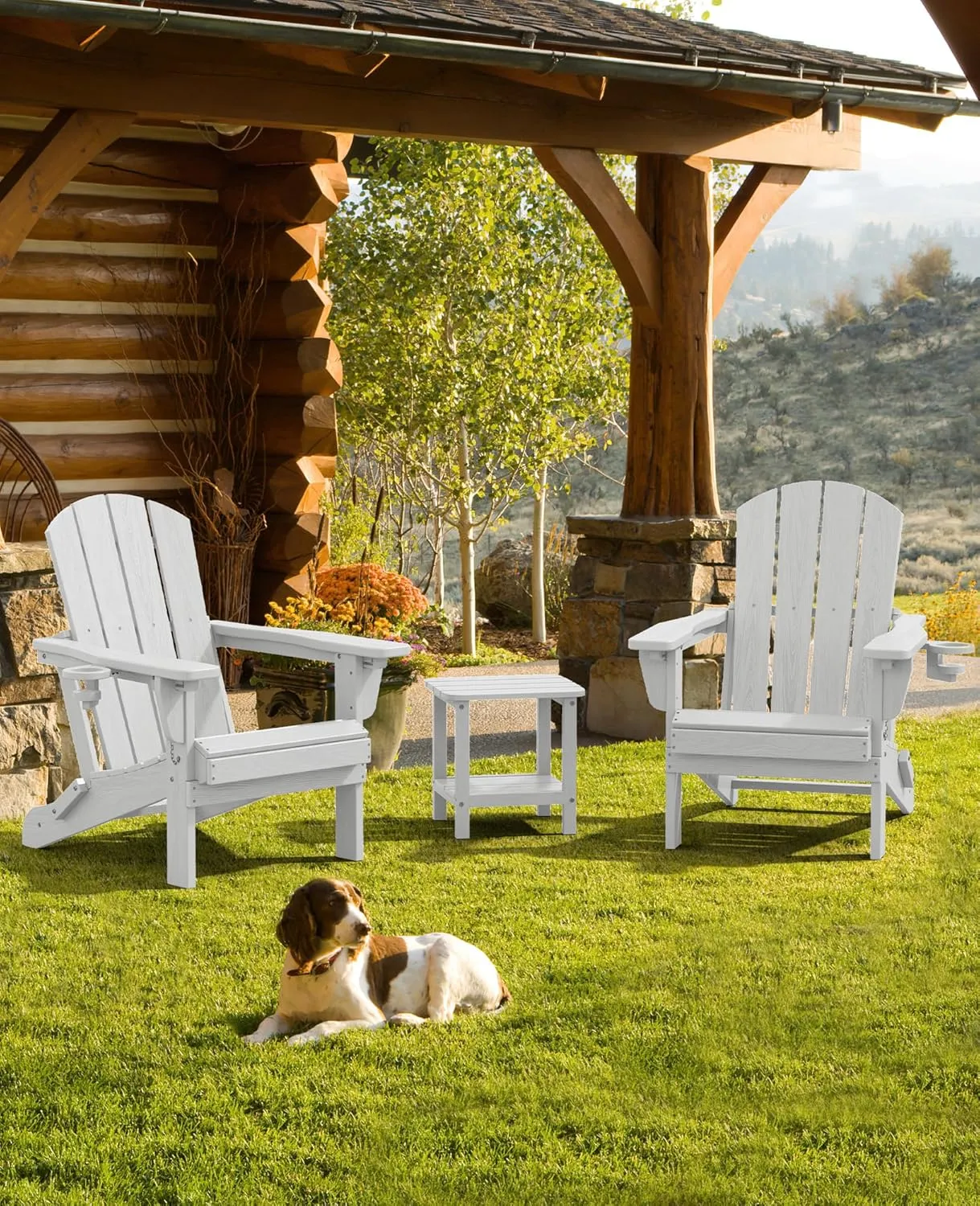 SERWALL Folding Adirondack Chair Set of 2, Reclining Adirondack Chair with 3 Recline Positions, All Weather HDPE Outdoor Adirondack, White