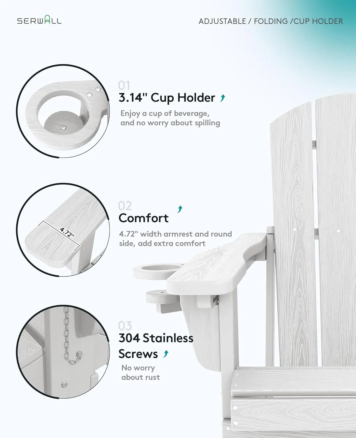 SERWALL Folding Adirondack Chair Set of 2, Reclining Adirondack Chair with 3 Recline Positions, All Weather HDPE Outdoor Adirondack, White