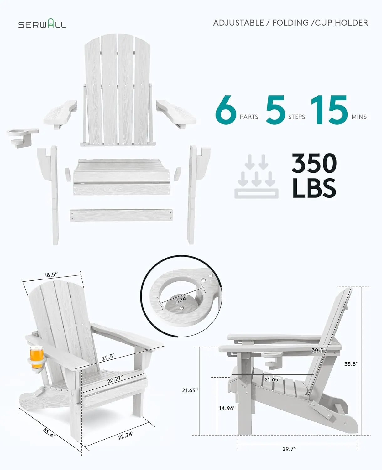 SERWALL Folding Adirondack Chair Set of 2, Reclining Adirondack Chair with 3 Recline Positions, All Weather HDPE Outdoor Adirondack, White