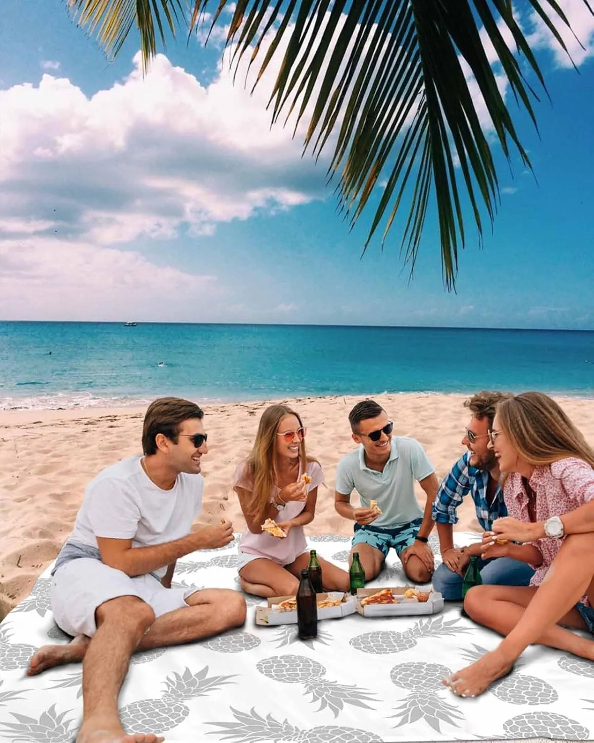 Silver Pineapple Beach Blanket Large with Stakes Waterproof Sandproof Beach Mat with Corner Pockets for Outdoor Travel Camping Hiking Picnic Essentials,Tropical Exotic Summer Fruit White 95"x80"