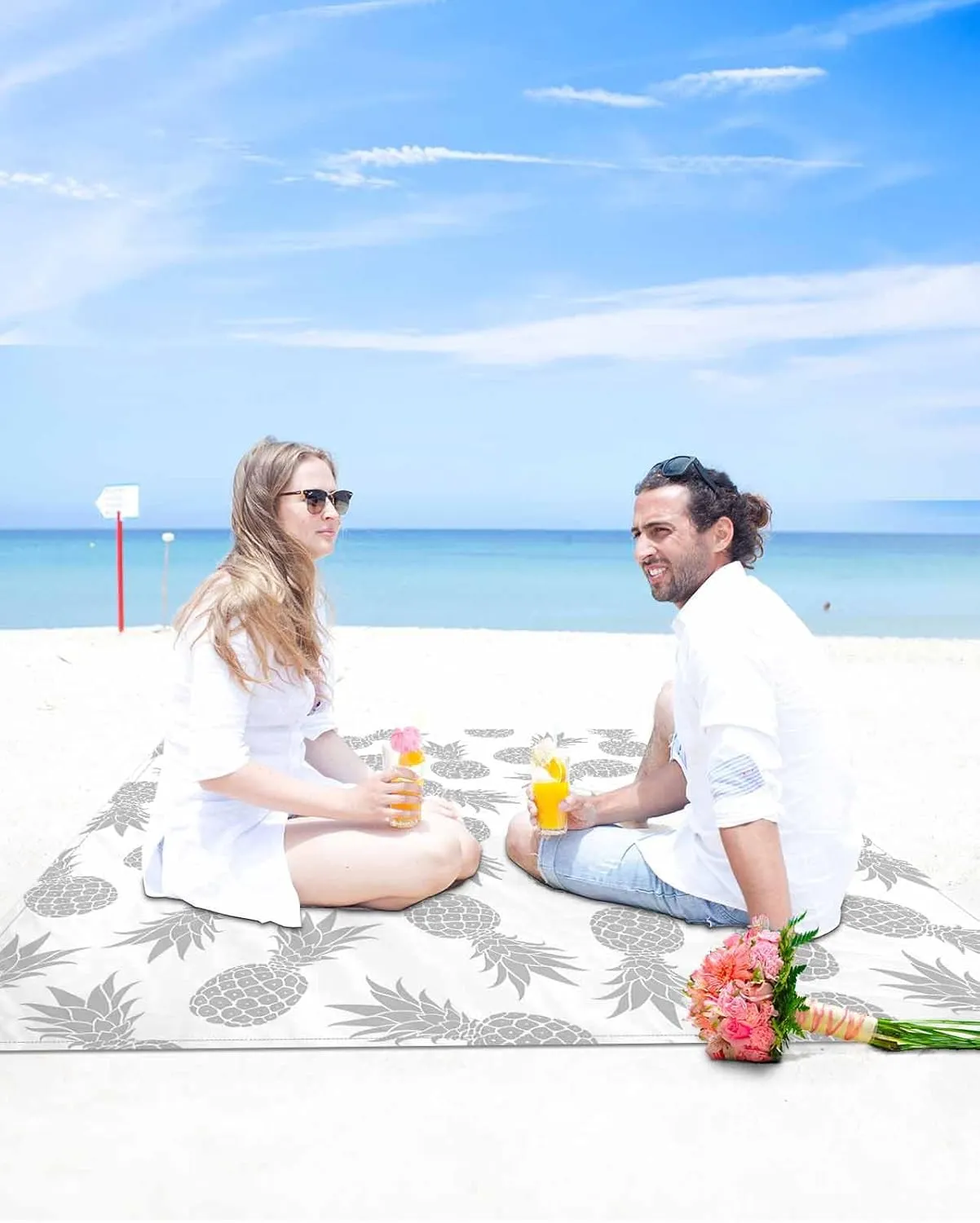 Silver Pineapple Beach Blanket Large with Stakes Waterproof Sandproof Beach Mat with Corner Pockets for Outdoor Travel Camping Hiking Picnic Essentials,Tropical Exotic Summer Fruit White 95"x80"