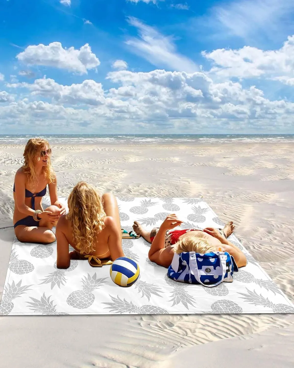 Silver Pineapple Beach Blanket Large with Stakes Waterproof Sandproof Beach Mat with Corner Pockets for Outdoor Travel Camping Hiking Picnic Essentials,Tropical Exotic Summer Fruit White 95"x80"