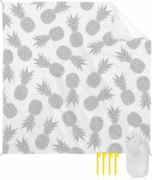 Silver Pineapple Beach Blanket Large with Stakes Waterproof Sandproof Beach Mat with Corner Pockets for Outdoor Travel Camping Hiking Picnic Essentials,Tropical Exotic Summer Fruit White 95"x80"