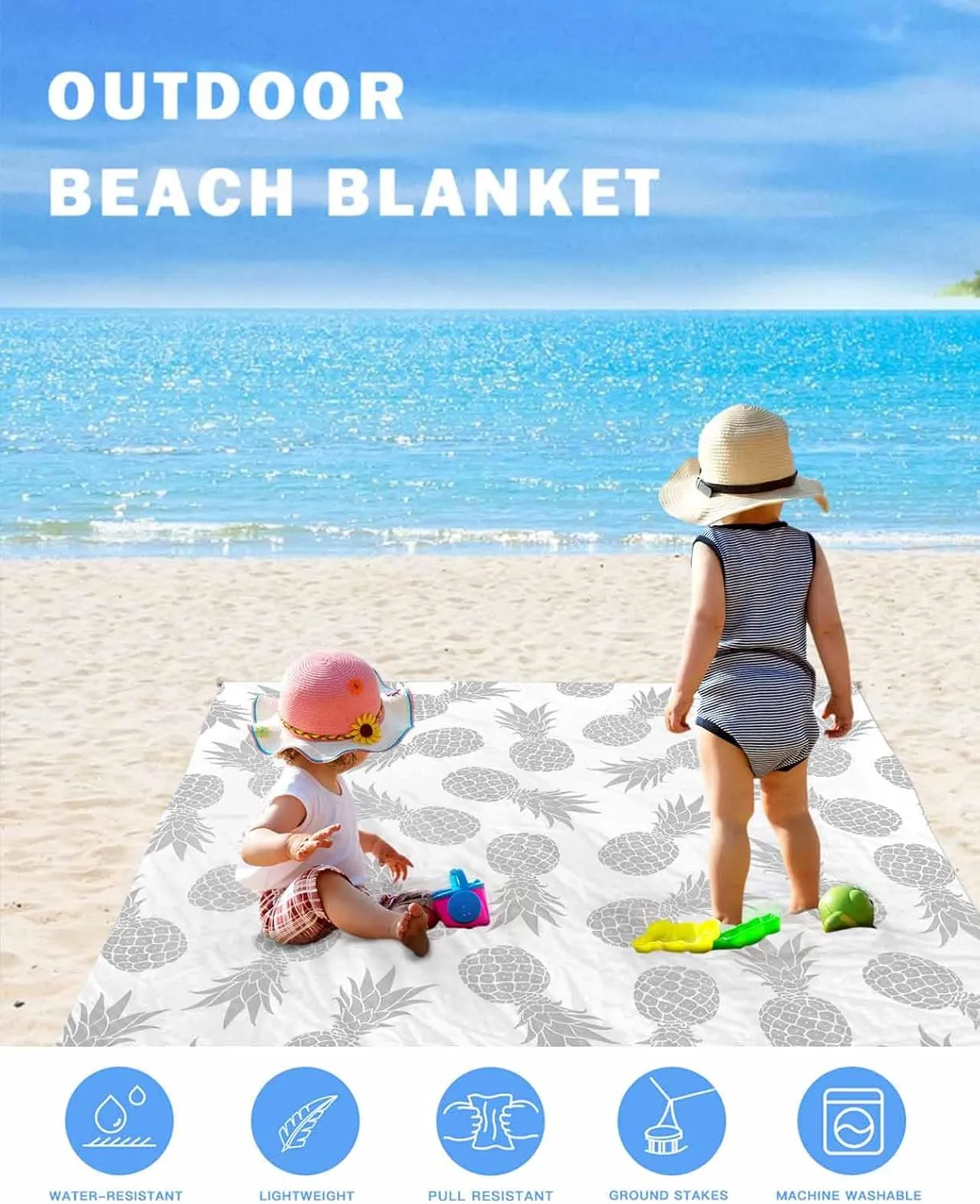 Silver Pineapple Beach Blanket Large with Stakes Waterproof Sandproof Beach Mat with Corner Pockets for Outdoor Travel Camping Hiking Picnic Essentials,Tropical Exotic Summer Fruit White 95"x80"