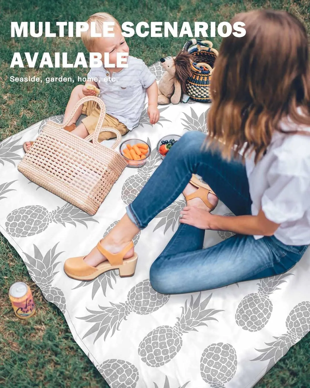 Silver Pineapple Beach Blanket Large with Stakes Waterproof Sandproof Beach Mat with Corner Pockets for Outdoor Travel Camping Hiking Picnic Essentials,Tropical Exotic Summer Fruit White 95"x80"
