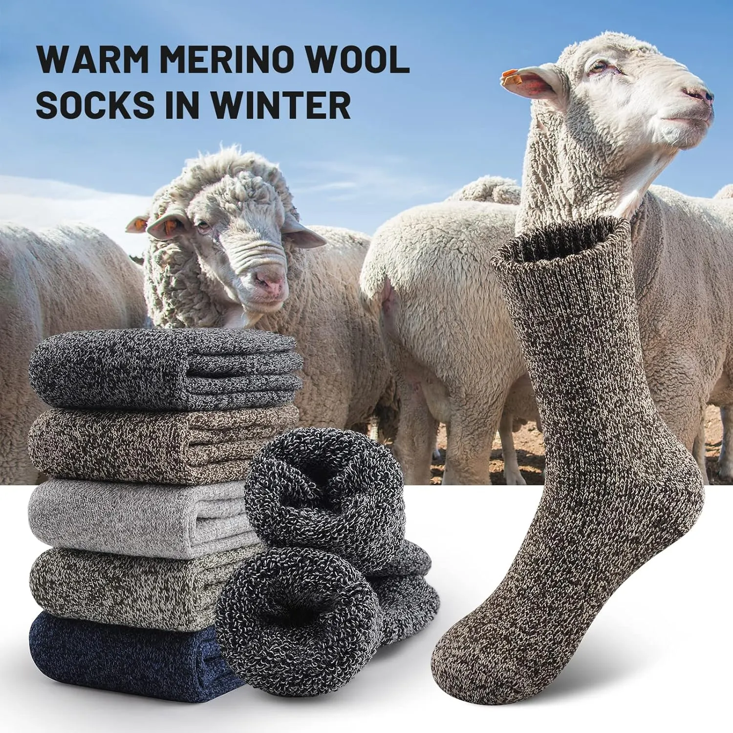 SIMIYA 5 Pairs Merino Wool Socks for Men, Thick Winter Wool Hiking Socks, Warm Breathable Crew Mens Socks
