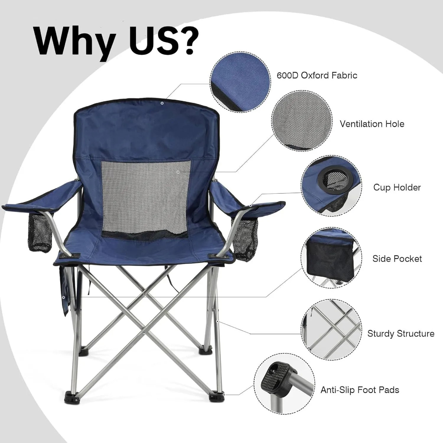 Simple Deluxe Outdoor Foldable Camping Chair, with Sturdy Material and 300lbs Capacity, Camp Folding Chair with Cup Holder & Carrying Bag, Suitable for Park, Beaches and Camping, Navy Blue