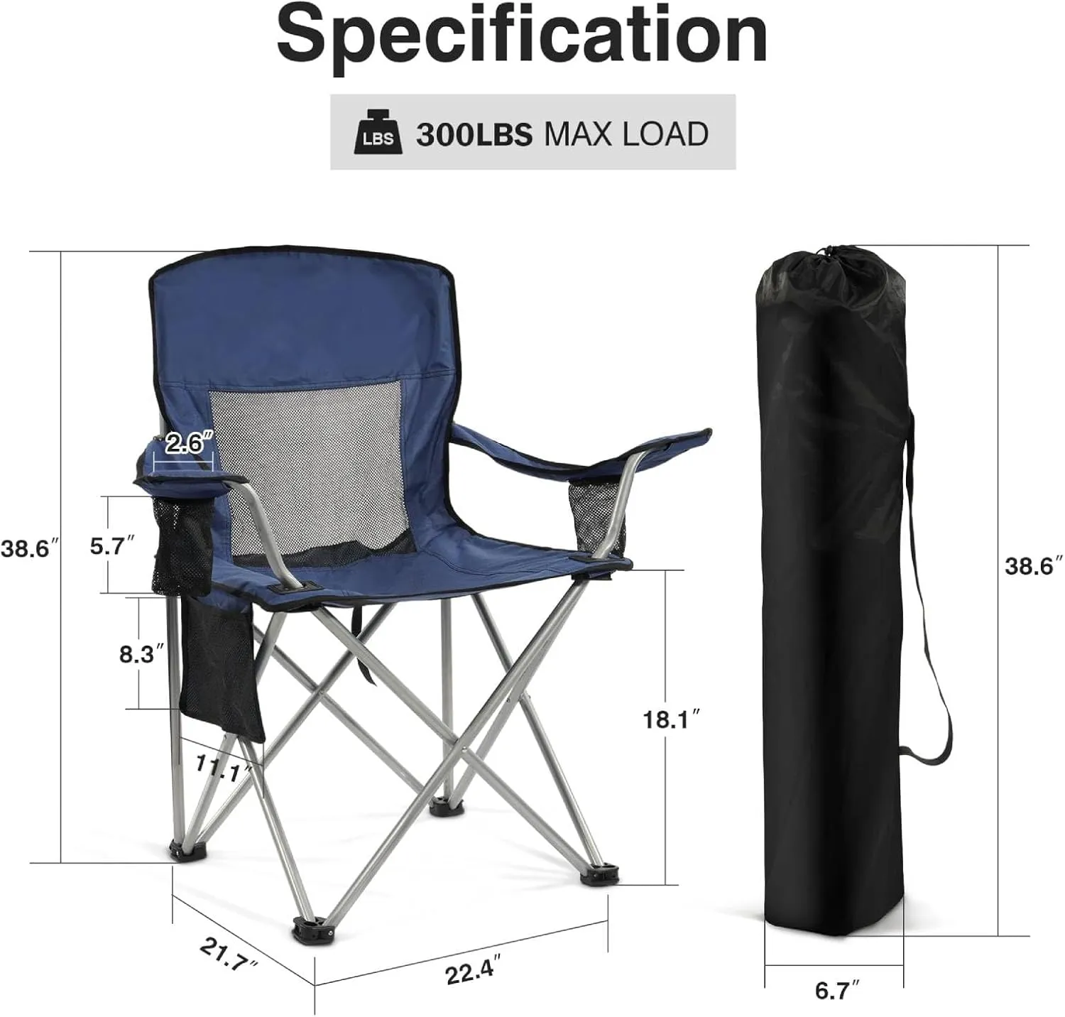 Simple Deluxe Outdoor Foldable Camping Chair, with Sturdy Material and 300lbs Capacity, Camp Folding Chair with Cup Holder & Carrying Bag, Suitable for Park, Beaches and Camping, Navy Blue