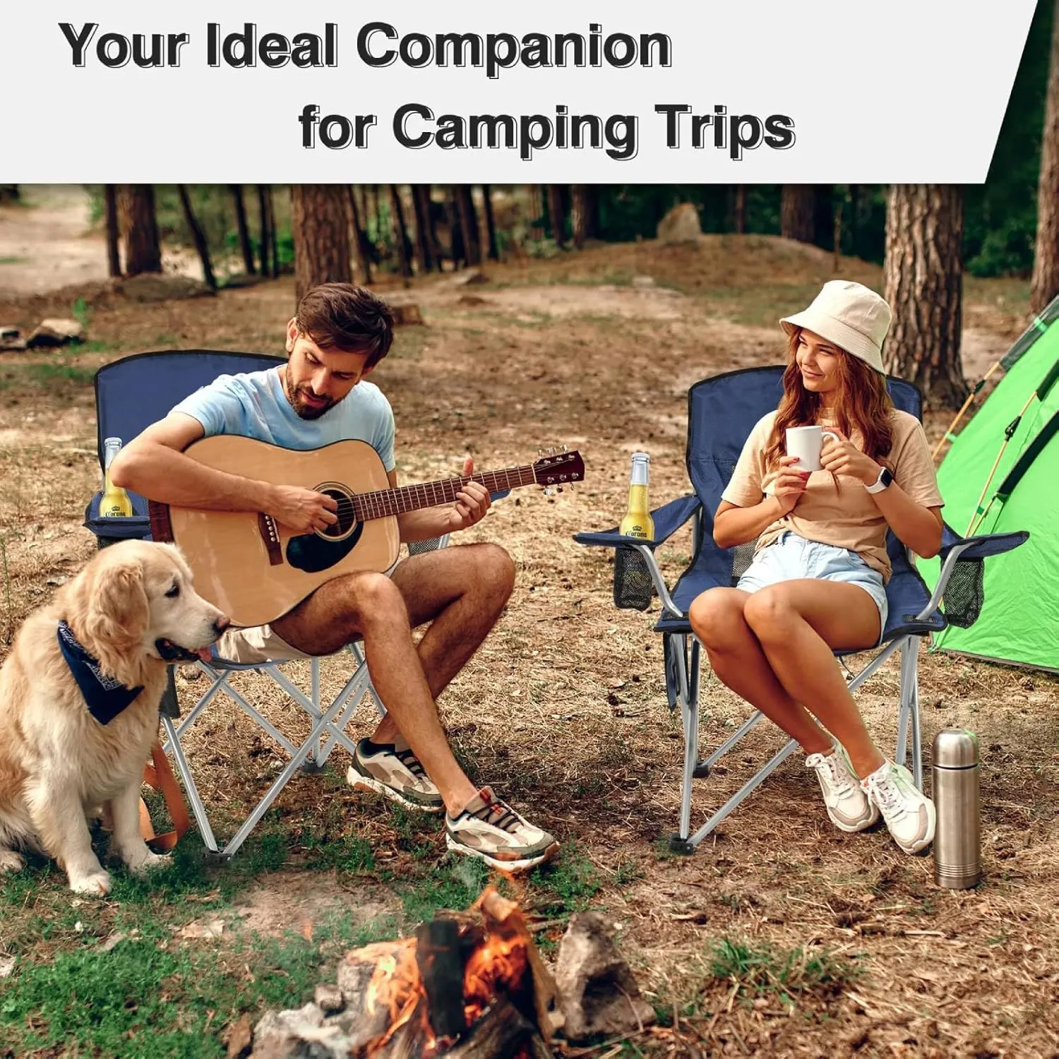 Simple Deluxe Outdoor Foldable Camping Chair, with Sturdy Material and 300lbs Capacity, Camp Folding Chair with Cup Holder & Carrying Bag, Suitable for Park, Beaches and Camping, Navy Blue