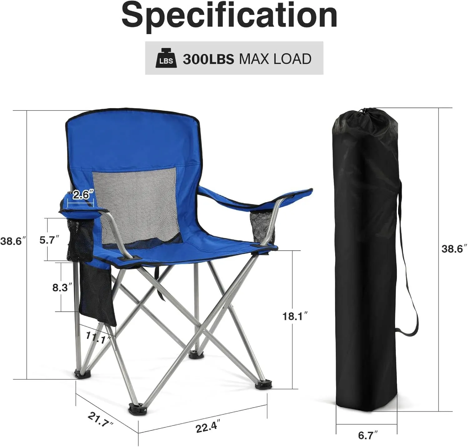 Simple Deluxe Outdoor Foldable Camping Chair, with Sturdy Material and 300lbs Capacity, Foldable Camping Chair with Cup Holder and Carrying Bag, for Parks, Beaches, Fishing and Camping, Blue