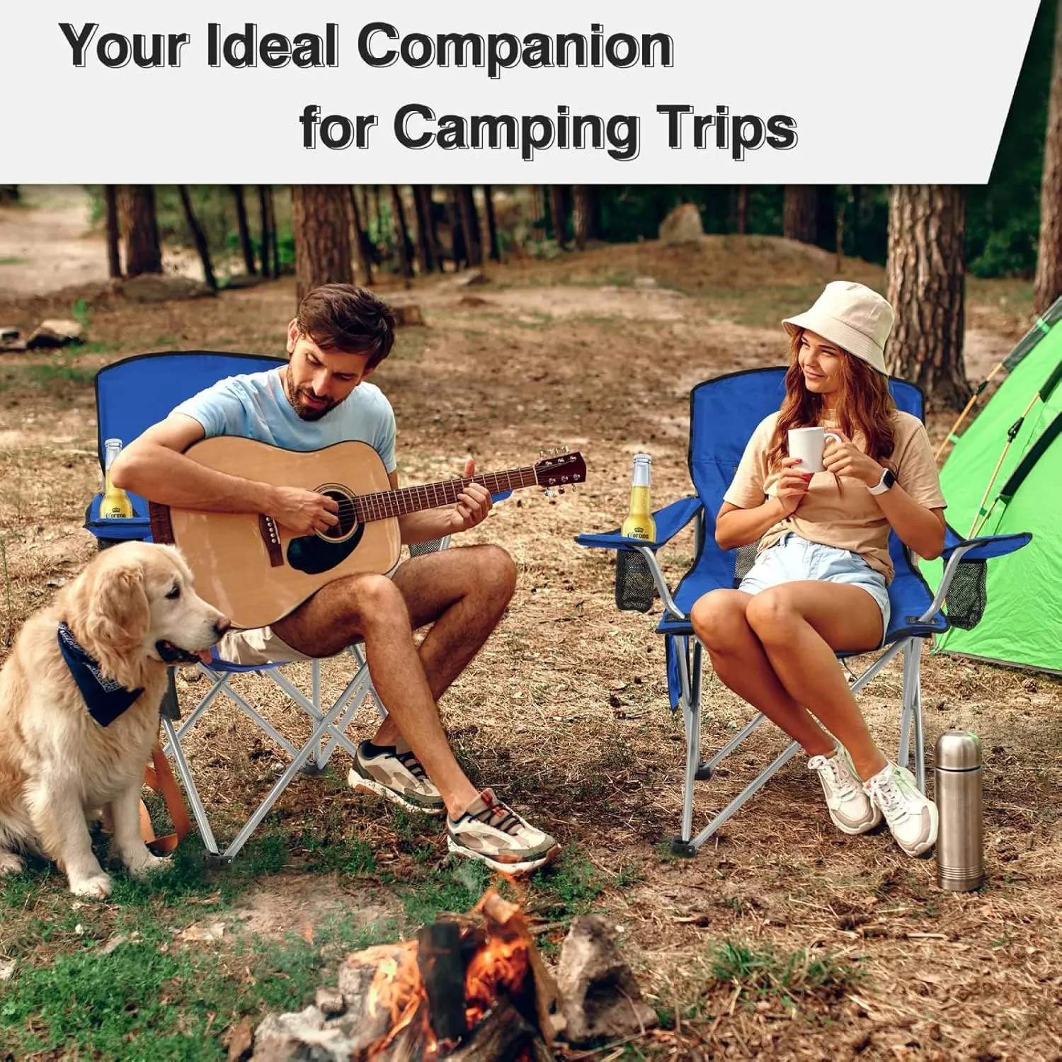 Simple Deluxe Outdoor Foldable Camping Chair, with Sturdy Material and 300lbs Capacity, Foldable Camping Chair with Cup Holder and Carrying Bag, for Parks, Beaches, Fishing and Camping, Blue