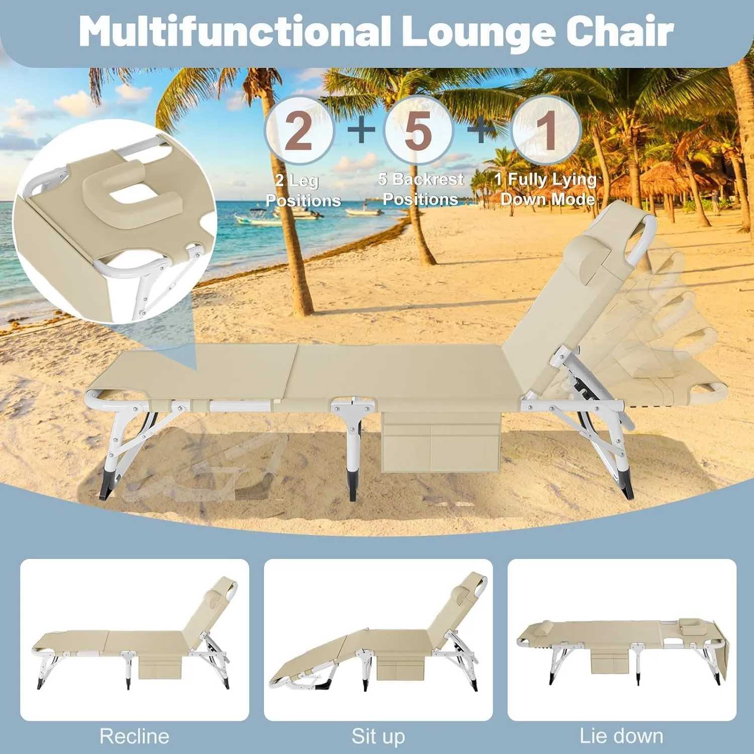 Slsy Folding Lounge Chairs Outdoor, Adjustable Sleeping Cot Chair, Portable Folding Bed Cot Chaise Lounge Chairs for Outside Beach Lawn Camping Pool Sun Tanning