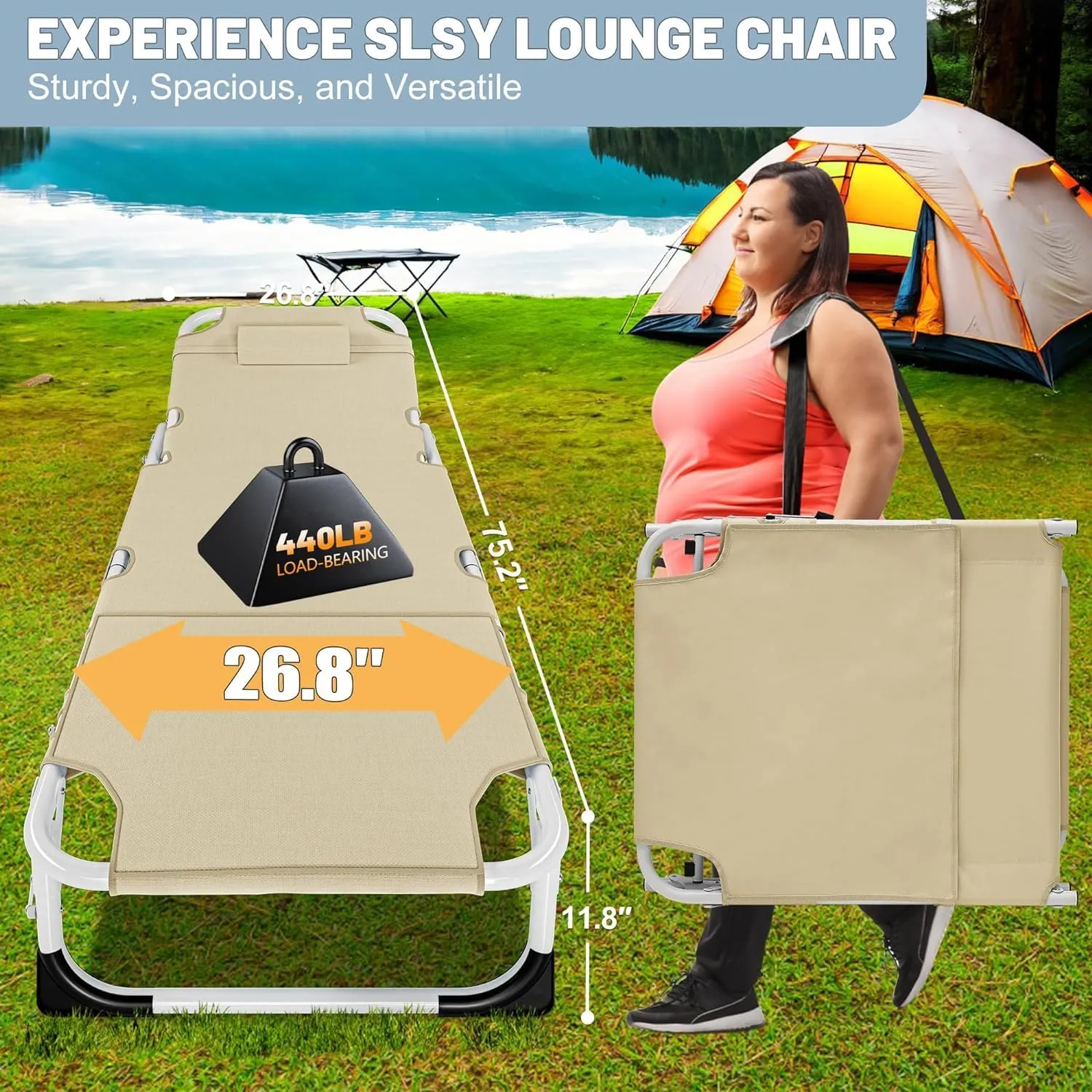 Slsy Folding Lounge Chairs Outdoor, Adjustable Sleeping Cot Chair, Portable Folding Bed Cot Chaise Lounge Chairs for Outside Beach Lawn Camping Pool Sun Tanning