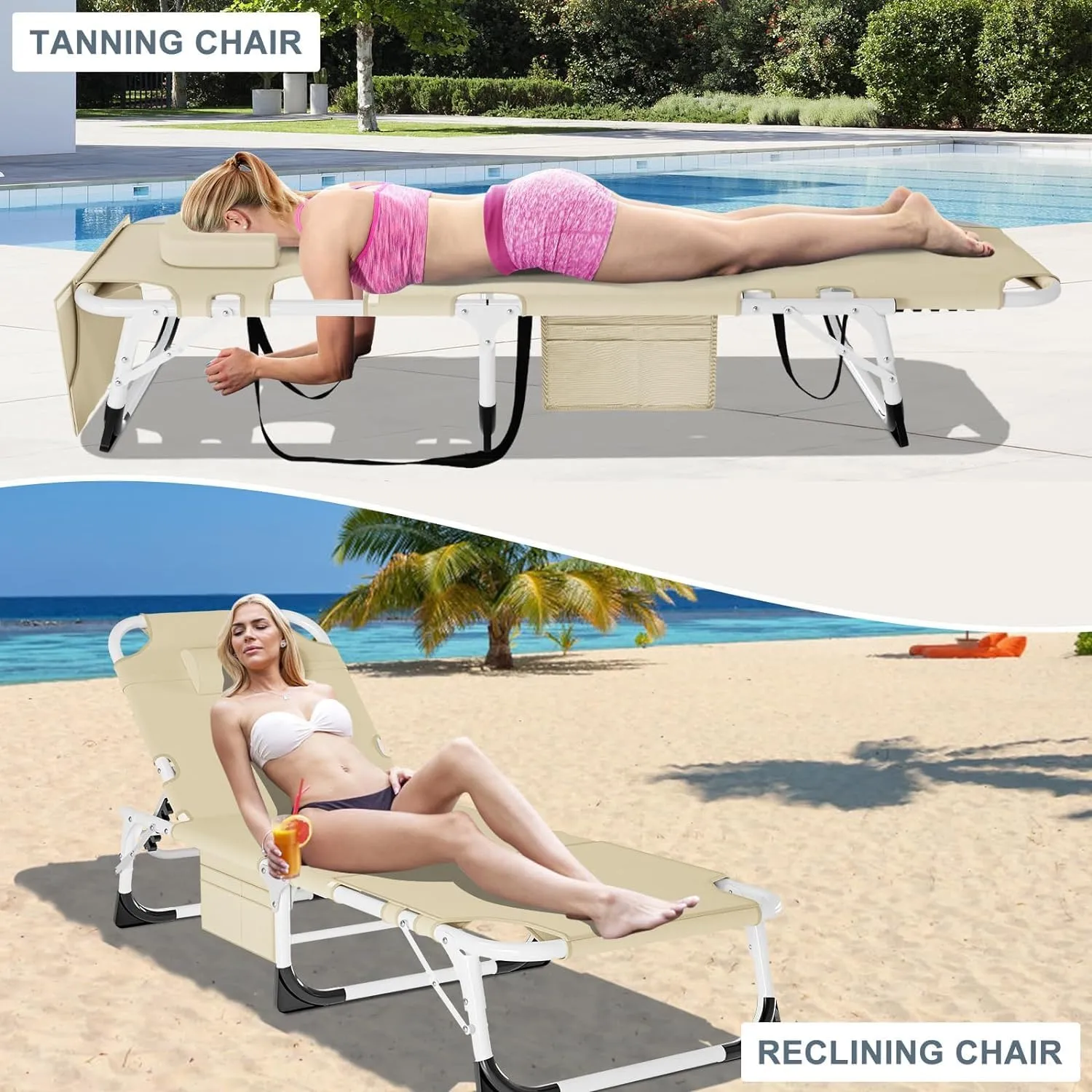 Slsy Folding Lounge Chairs Outdoor, Adjustable Sleeping Cot Chair, Portable Folding Bed Cot Chaise Lounge Chairs for Outside Beach Lawn Camping Pool Sun Tanning