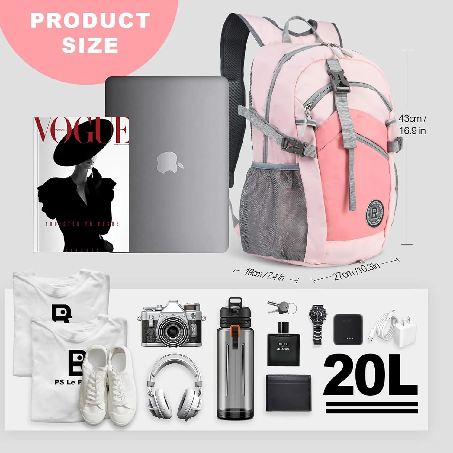 Small Hiking Backpack, 20L Lightweight Travel Backpack with Phone Pocket, Hiking Daypack for Women Men,Pink