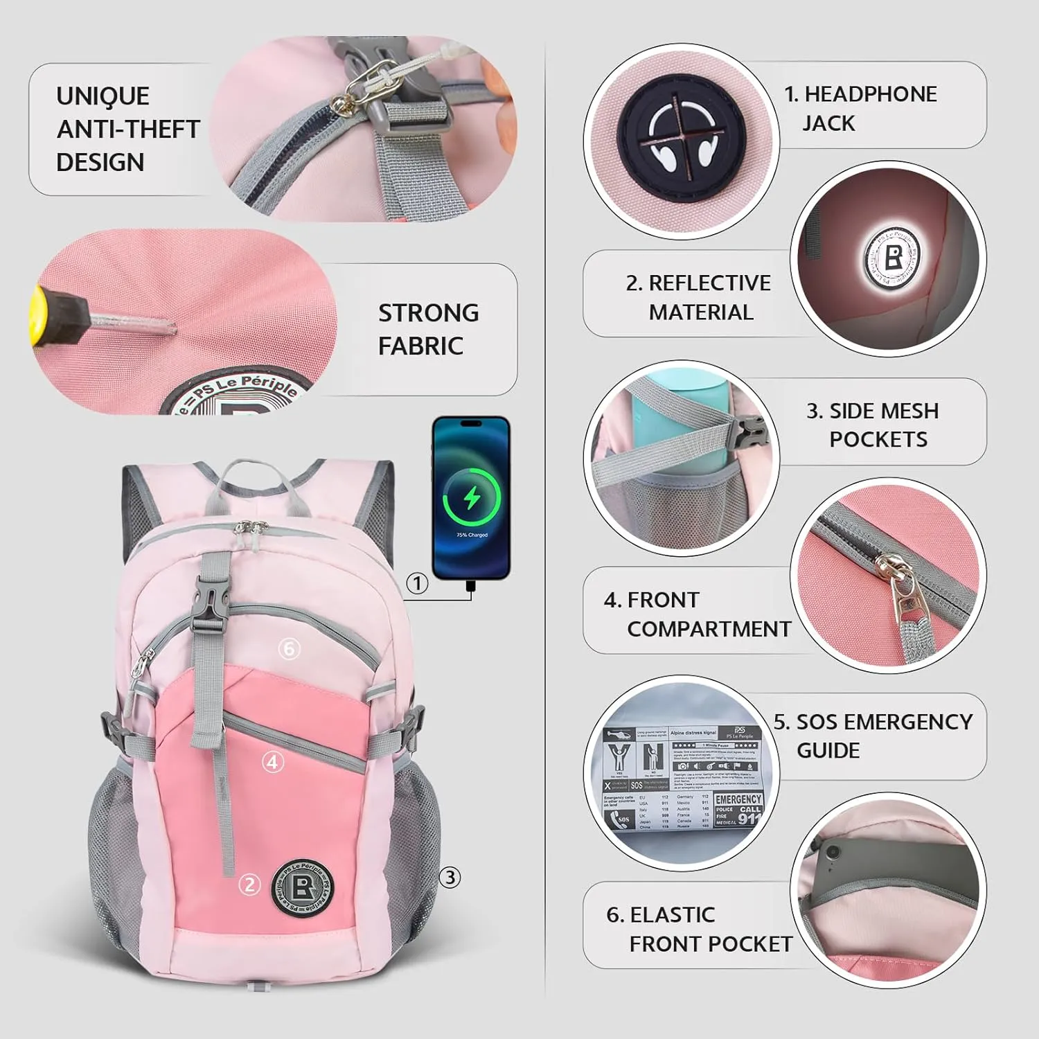 Small Hiking Backpack, 20L Lightweight Travel Backpack with Phone Pocket, Hiking Daypack for Women Men,Pink