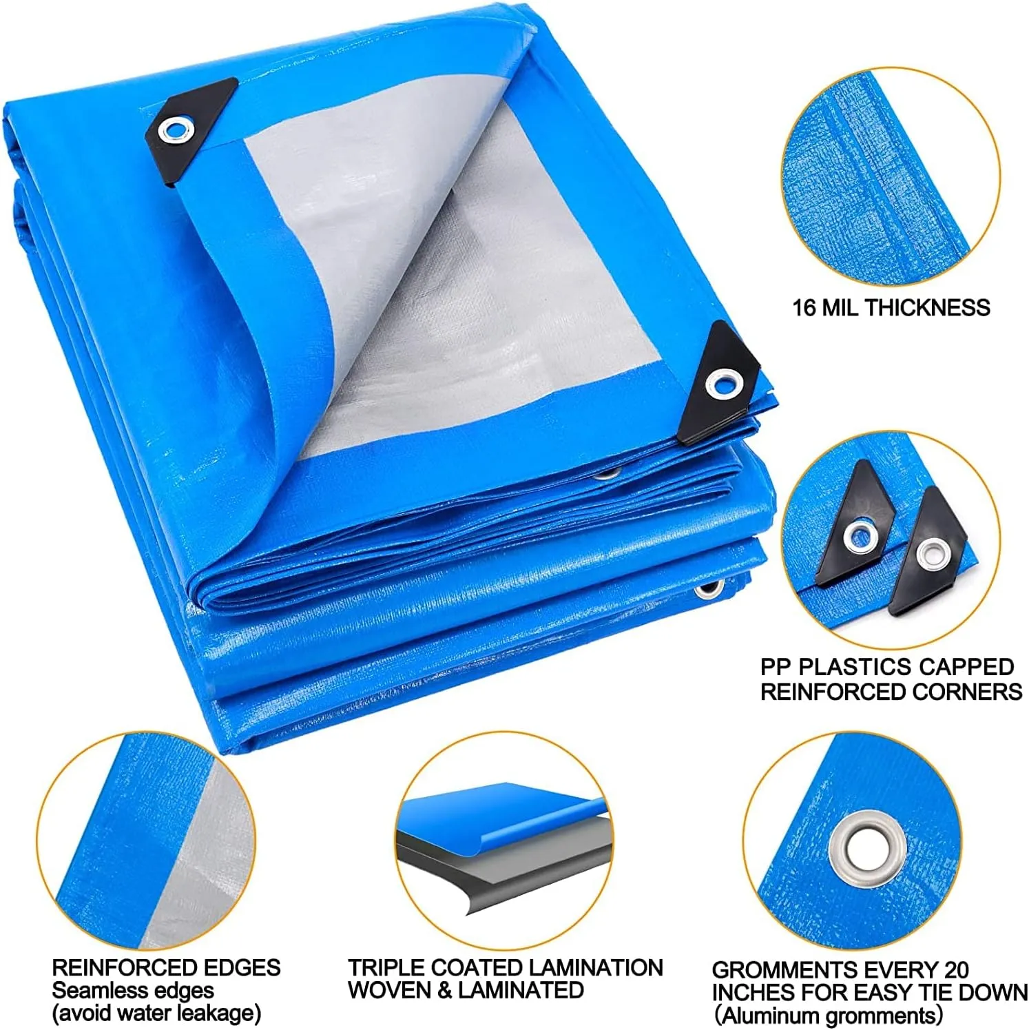 Small Tarp, Tarps Heavy Duty Waterproof 8x12, Waterproof Plastic Poly 16 Mil Thick Tarpaulin with Metal Grommets Every 19.5 Inches - Emergency Rain Shelter, Outdoor Cover, and Camping Use