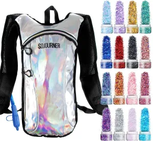 Sojourner Rave Hydration Pack Backpack (2 Pocket Holographic Silver) Bundle with Cosmetic Chunky Glitter & Rave Pasties Festival Bundle - 16 Pack