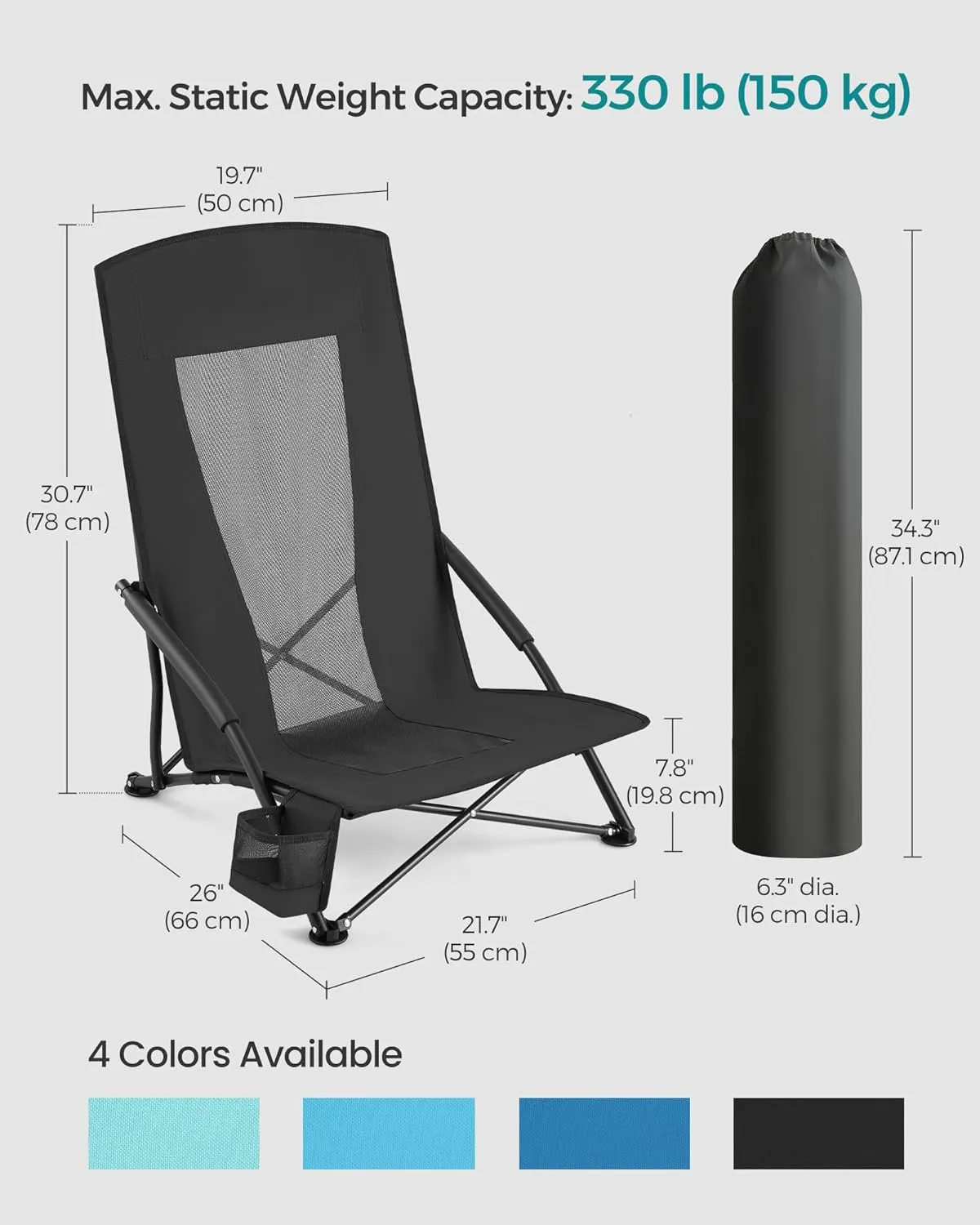 SONGMICS Camping Chair, Portable Outdoor Beach Chair, with High Backrest, Cup Holder, Lightweight, Heavy-Duty, Max. Load 330 lb, Black UGCB61BK