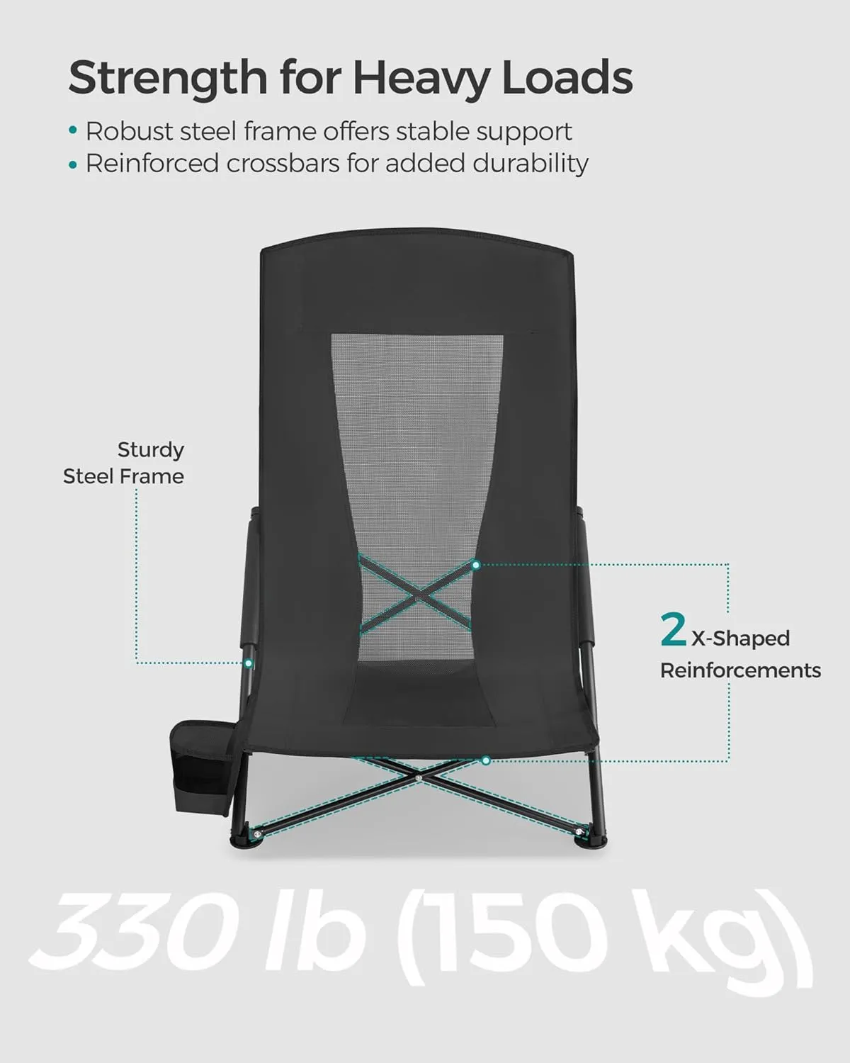 SONGMICS Camping Chair, Portable Outdoor Beach Chair, with High Backrest, Cup Holder, Lightweight, Heavy-Duty, Max. Load 330 lb, Black UGCB61BK