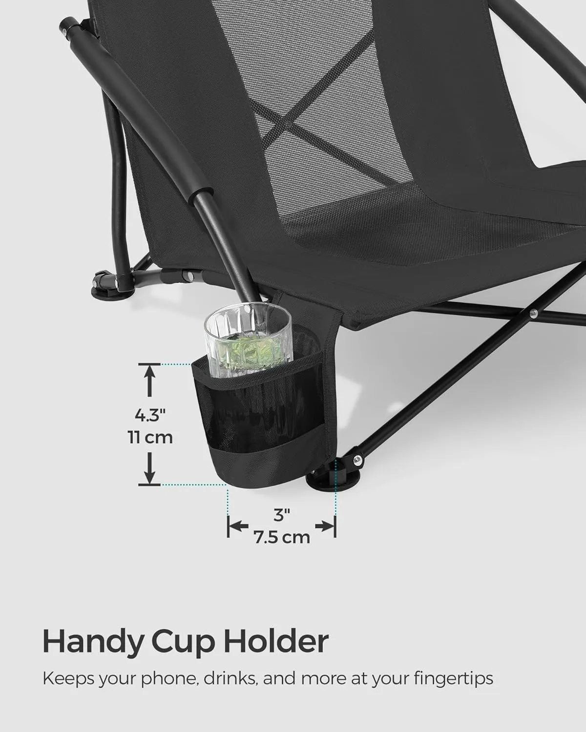 SONGMICS Camping Chair, Portable Outdoor Beach Chair, with High Backrest, Cup Holder, Lightweight, Heavy-Duty, Max. Load 330 lb, Black UGCB61BK