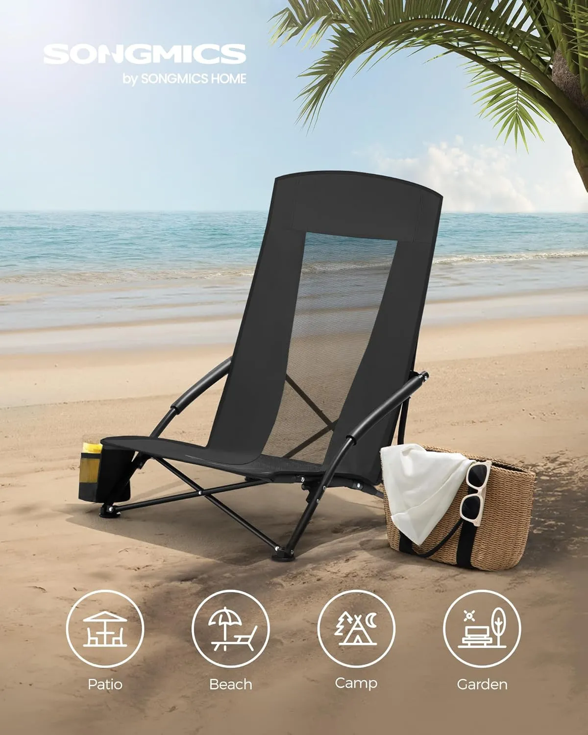 SONGMICS Camping Chair, Portable Outdoor Beach Chair, with High Backrest, Cup Holder, Lightweight, Heavy-Duty, Max. Load 330 lb, Black UGCB61BK