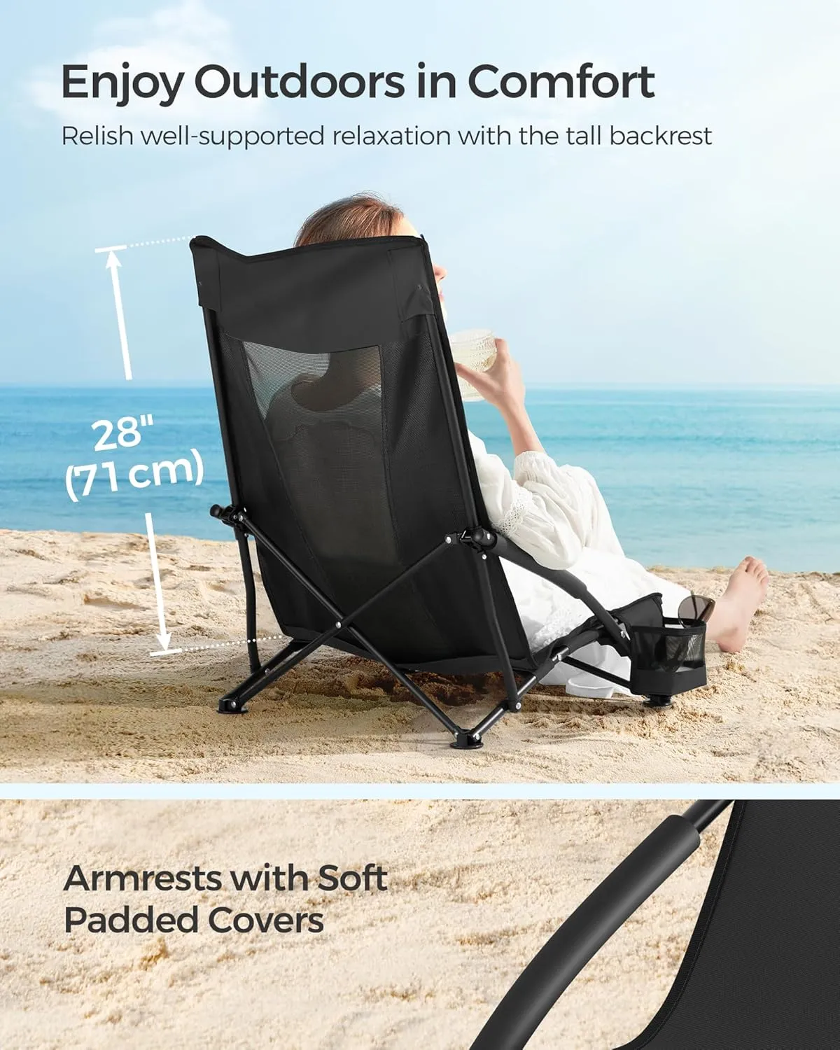 SONGMICS Camping Chair, Portable Outdoor Beach Chair, with High Backrest, Cup Holder, Lightweight, Heavy-Duty, Max. Load 330 lb, Black UGCB61BK