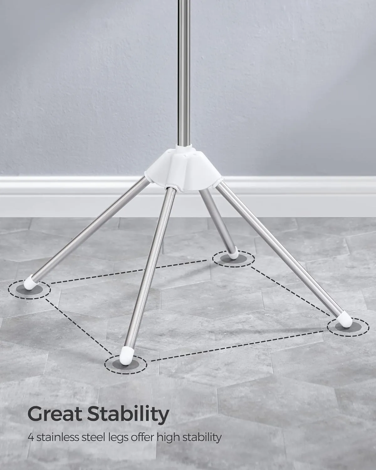 SONGMICS Clothes Drying Rack, 59-Inch Folding Laundry Drying Rack with 3 Rotatable Arms for Hangers, 4 Legs, Stainless Steel, for 27 Pieces of Clothes, White and Silver ULLR510W01