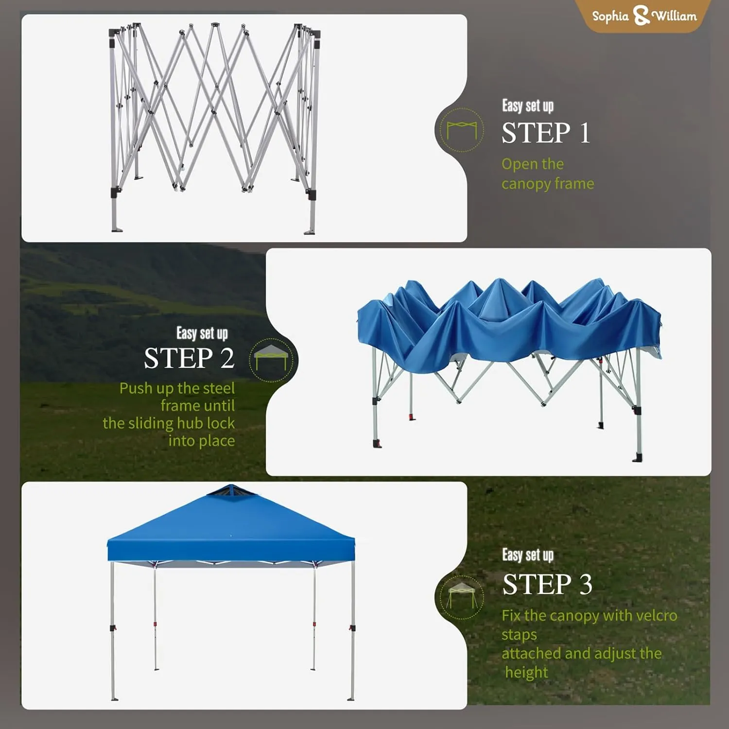 Sophia & William Canopy Tent Pop Up 10x10 ft, Outdoor Patio Portable Commercial Canopies Shelter Heavy Duty Straight Legs with Roller Bag, 8 Stakes, 4 Guy Ropes, UPF50 , Blue