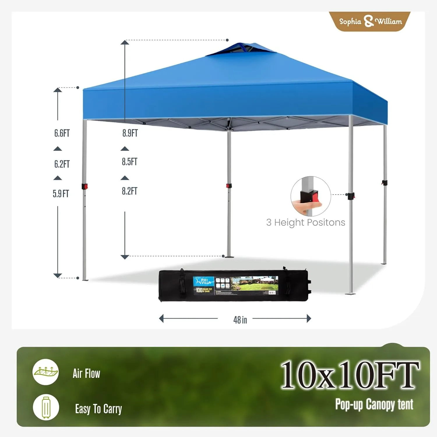 Sophia & William Canopy Tent Pop Up 10x10 ft, Outdoor Patio Portable Commercial Canopies Shelter Heavy Duty Straight Legs with Roller Bag, 8 Stakes, 4 Guy Ropes, UPF50 , Blue