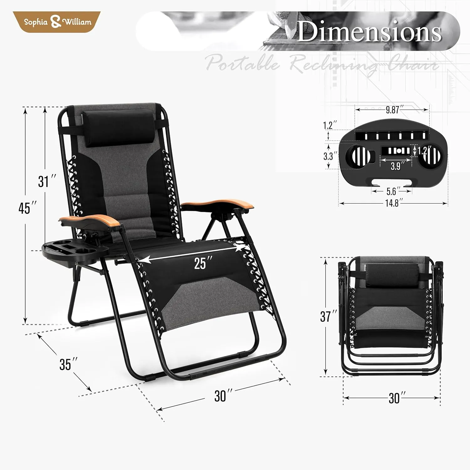 Sophia & William Oversize Zero Gravity Chair 2 Pack, Padded Lounge Chair with Free Cup Holder, Supports 350 LBS (Black)